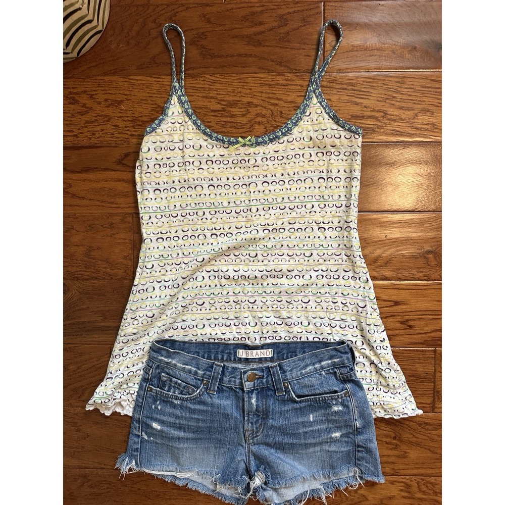Vintage Y2K Free People Cotton Cami Tank Top Lace Bow Lettuce Hem Print Large